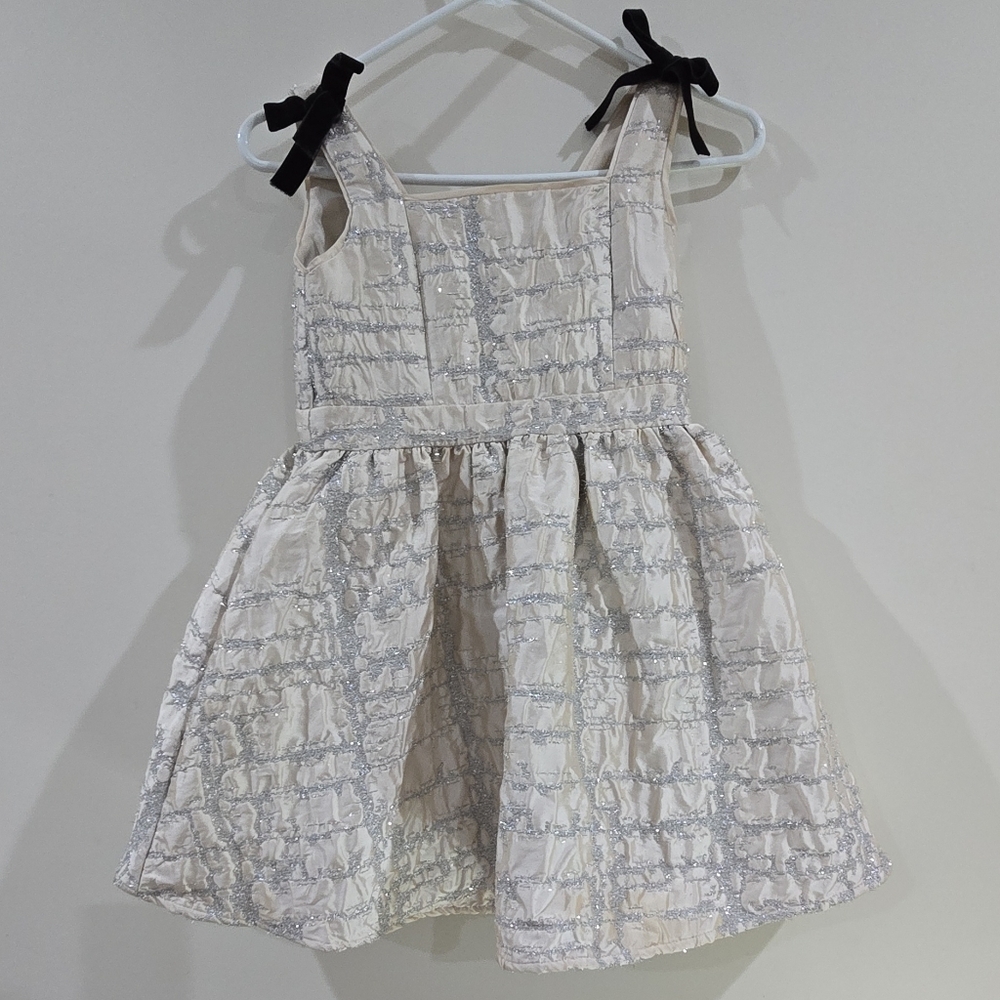 A loves a Girls Ivory Silver Fit & Flare Dress L Glitter Bow Sleeveless